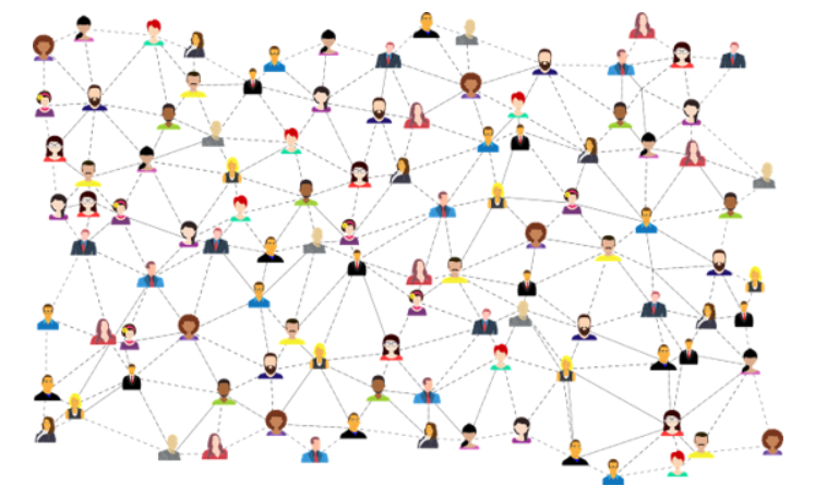Illustration eines sozialen Netzwerks mit verschiedenen Personen und Verbindungen, die soziale Machtverhältnisse darstellen